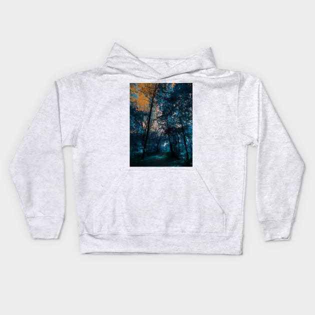 Majestic Fantasy Fall Wooded Trail Scene with Blue Foliage and Orange Sky - Indian Creek Trail Kansas City Kids Hoodie by Zen Goat 